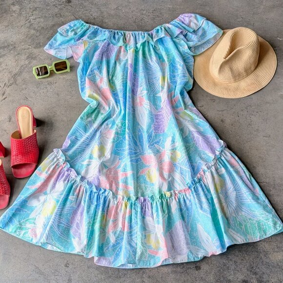 Vintage Kole Kole Hawaiian Blue Ruffle Off Shoulder Floral Mumu Midi Dress - Picture 1 of 9